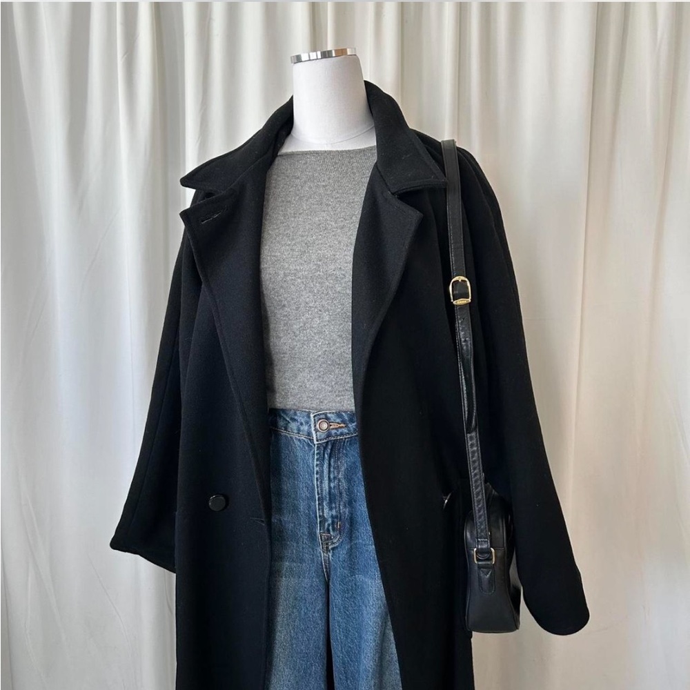 Vintage 80s Central Park double-breasted Wool black full-length overcoat size 14 - Picture 3 of 8